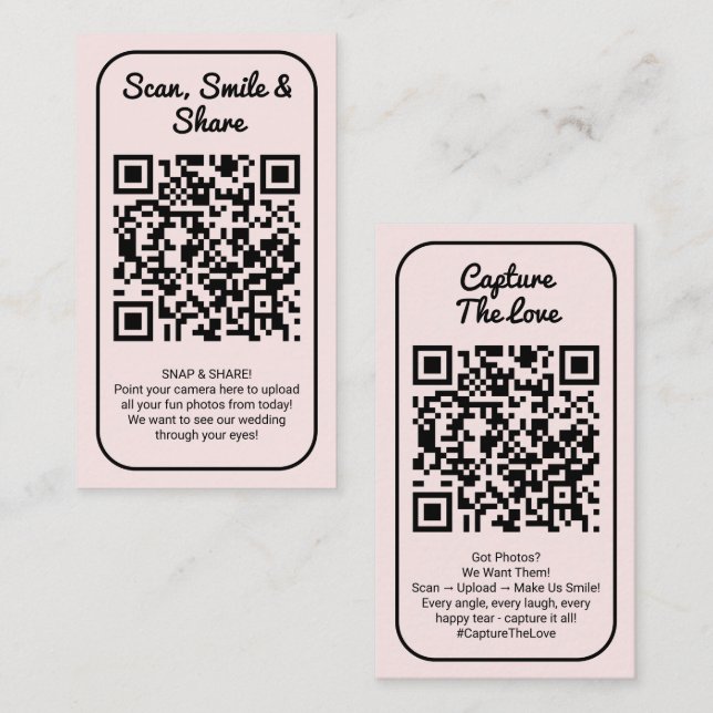 Carte De Visite Pink Wedding Photo Sharing Capture Love QR Code  (Devant / Derrière)