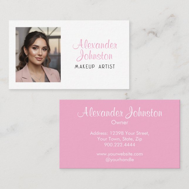 Carte De Visite Pink White & Black Script Makeup Photo Personalize (Devant / Derrière)