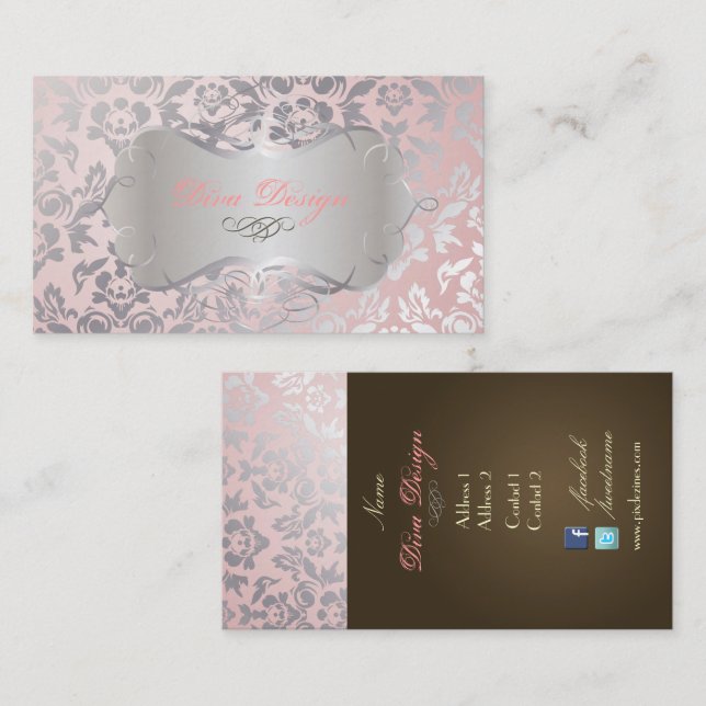 Carte De Visite Pix-Dezines Haute-Coutour Damask, Faux Silver (Devant / Derrière)