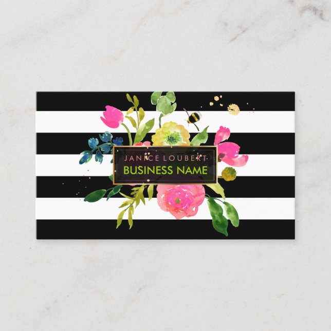 Carte De Visite PixDezines aquarelle florale/ranunculus/rayures (Devant)