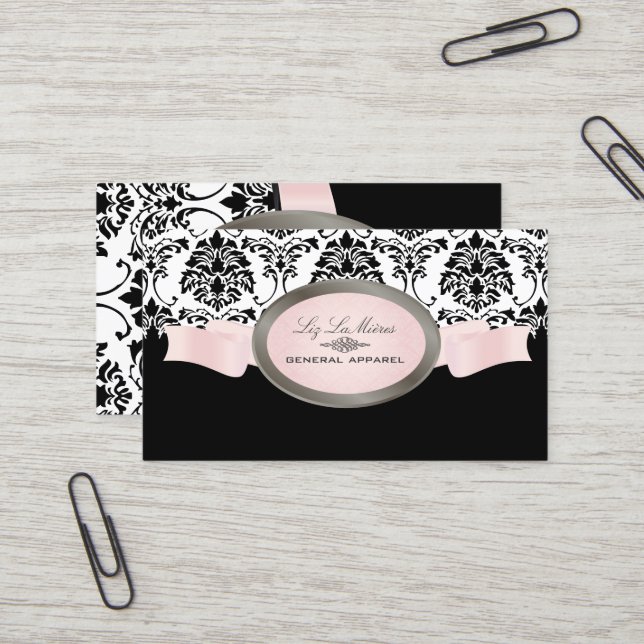 Carte De Visite PixDezines Black, Pink, White Florentius Damask (Devant/Arrière en situation)