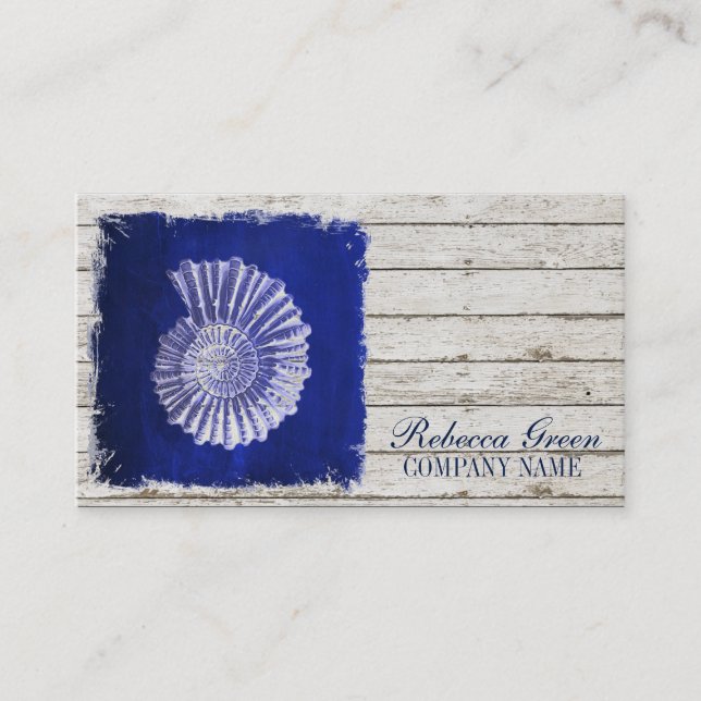Carte De Visite plage chic dérive bois nautique bleu coquillages (Devant)