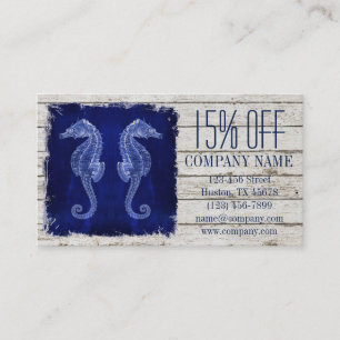 Carte De Visite plage chic dérive bois nautique bleu seahorse