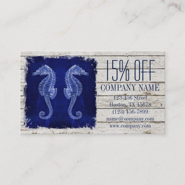 Carte De Visite plage chic dérive bois nautique bleu seahorse (Devant)