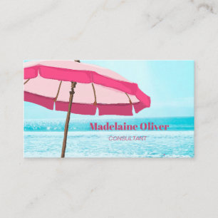 Carte De Visite Plage Scène Océan bleu rose Parapluie