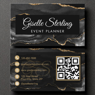 Carte De Visite Planificateur d'événements QR Code Black Gold Agat