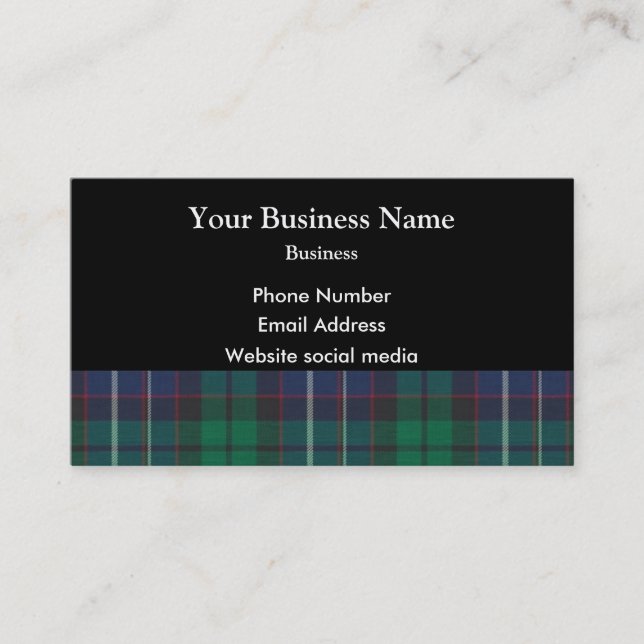 Carte De Visite Plaque de tartan bleu et vert en noir (Devant)