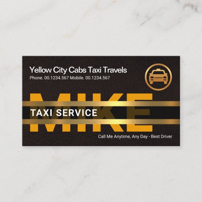 Carte De Visite Plaque en cuir Brown Taxi jaune Gold Nom (Devant)