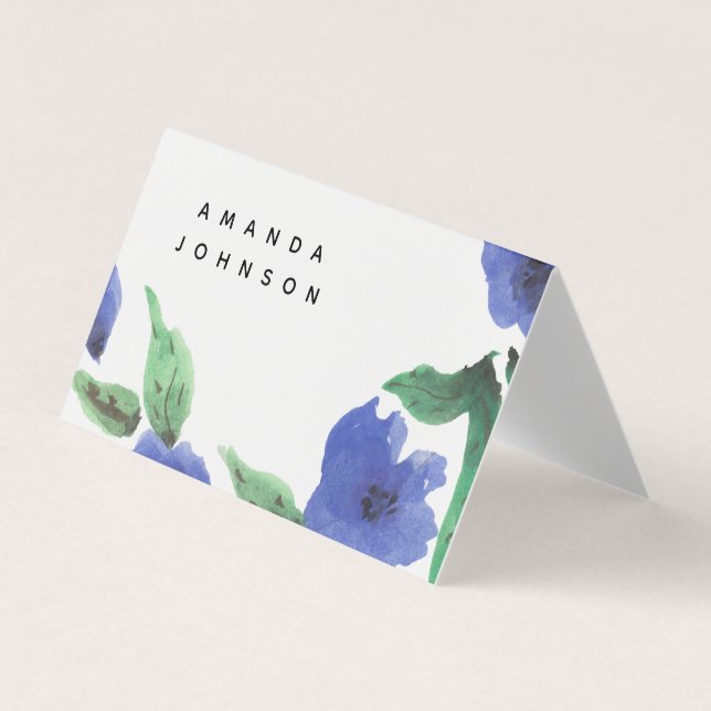 Carte de visite plié par aquarelle florale bleue (Devant)