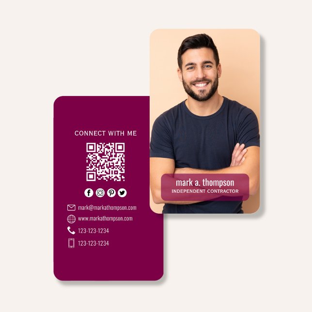 Carte De Visite Plum QR Code Photo Connect Modern Minimal (Plum purple QR code business card with photo and modern minimalist layout)