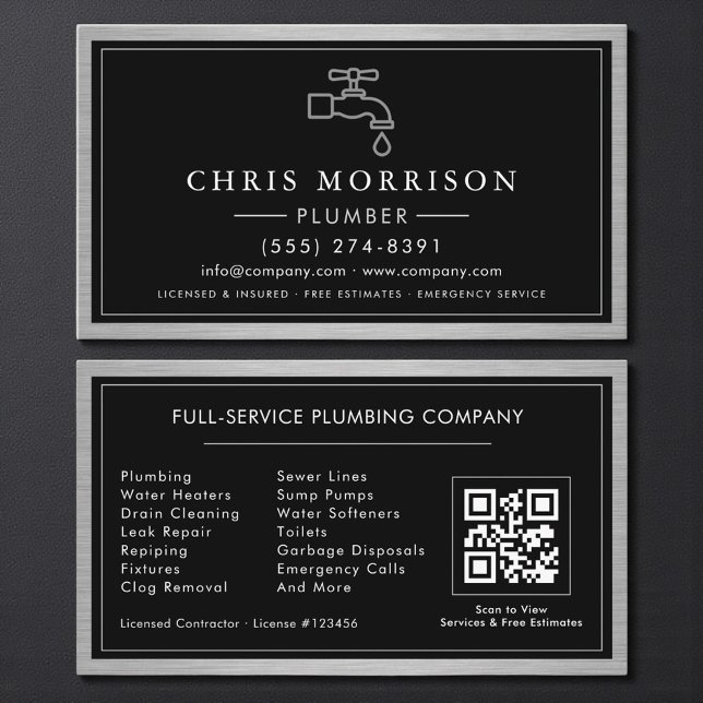 Carte De Visite Plumbing Contractor Industrial Metallic QR Code (Créateur téléchargé)