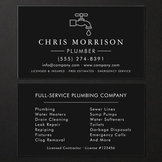 Carte De Visite Plumbing Plumber Black Silver Minimalist (Créateur téléchargé)