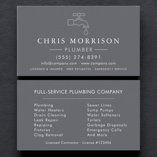 Carte De Visite Plumbing Plumber Gray Silver Minimalist (Créateur téléchargé)