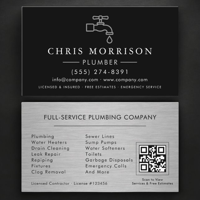 Carte De Visite Plumbing Service and Repair Plumber QR Code (Créateur téléchargé)