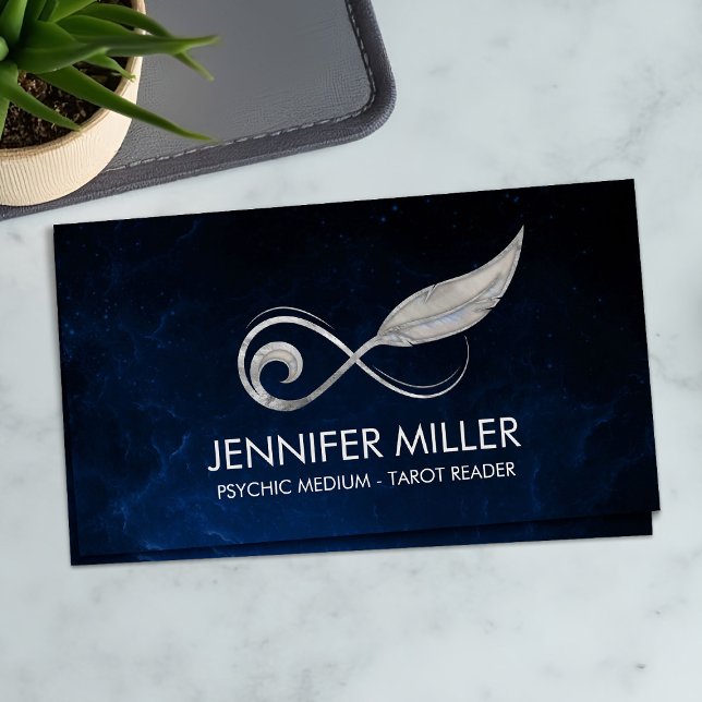 Carte De Visite Plume de symbole d'infini - Argent et perle (Créateur téléchargé)