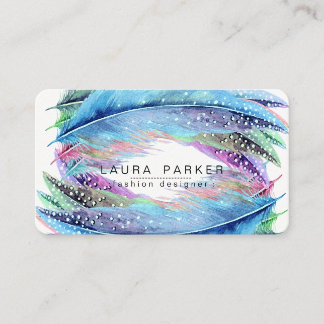 Carte De Visite Plumes Aquarelle Boho Bird Girly Chic (Devant)