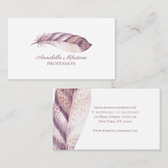 Carte De Visite Plumes d'aquarelle violette rose à main chic (Devant / Derrière)