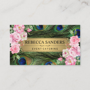 Carte De Visite Plumes de paon   Fleurs roses
