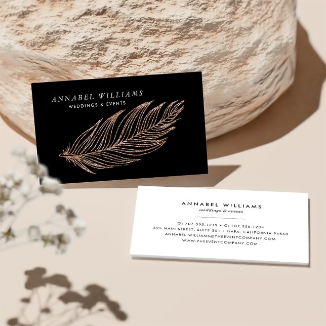 Carte De Visite Plumes de Parties scintillant Black et Rose Gold F (Créateur téléchargé)