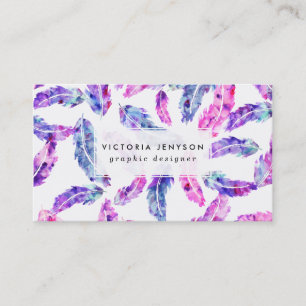 Carte De Visite Plumes peintes à la main pourpres roses de boho