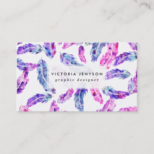 Carte De Visite Plumes peintes à la main pourpres roses de boho (Devant)