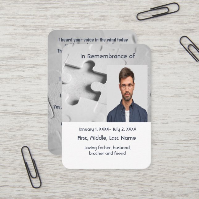 Carte De Visite Pocket Card Memorial Puzzle (Devant/Arrière en situation)