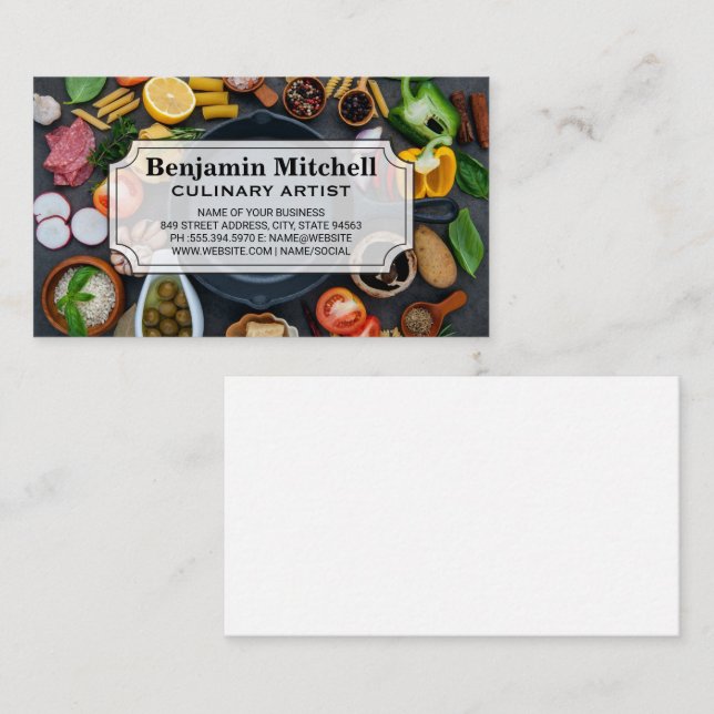 Carte De Visite Poêle en fer | Nourriture sur une table (Devant / Derrière)