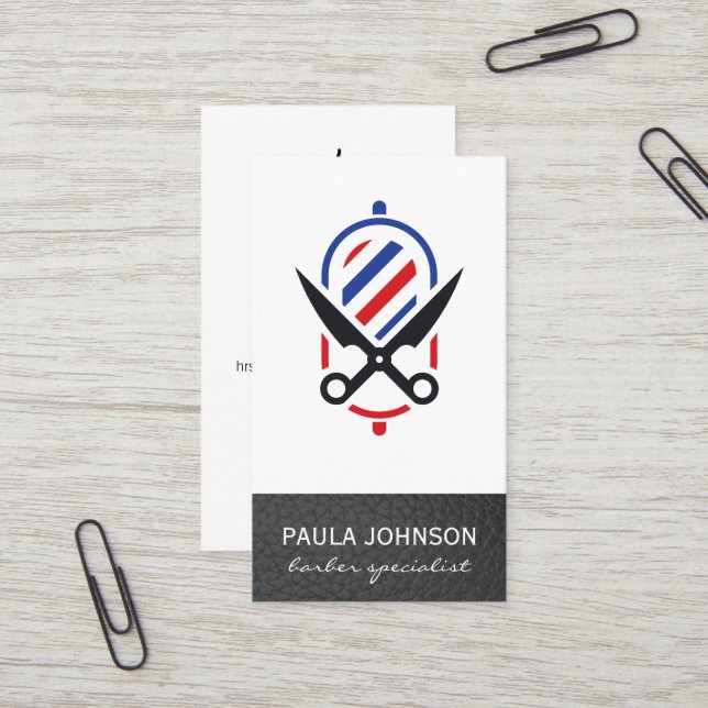 Carte De Visite Pole en barbier et ciseaux | Cuir (Devant/Arrière en situation)