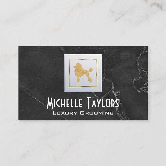 Carte De Visite Poodle d'or | Luxe | Marbre noir (Devant)