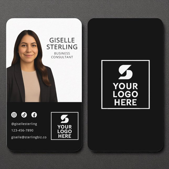 Carte De Visite Portrait du logo photo noir blanc du consultant (Créateur téléchargé)