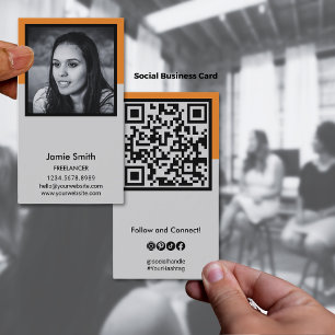 Carte De Visite Portrait Photo Social QR code noir, orange et gris