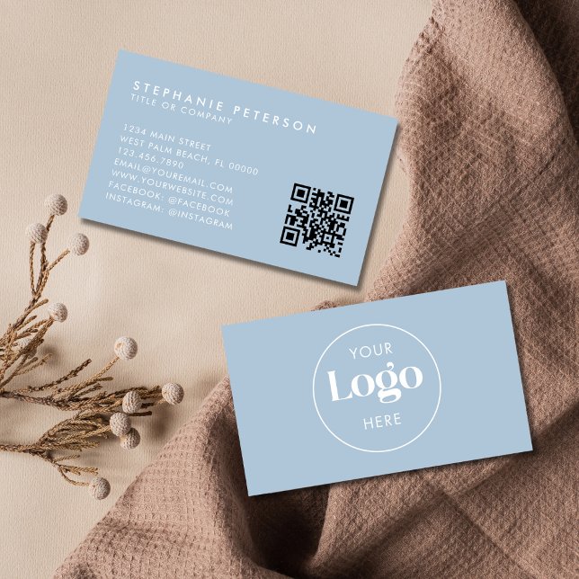 Carte De Visite Powder Blue Elegant Custom Company Logo QR Code (Créateur téléchargé)