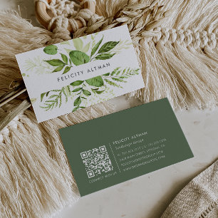 Carte De Visite prairie sauvage Vert aquarelle Botanique QR Code