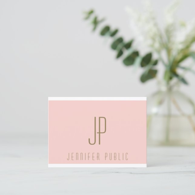 Carte De Visite Premier Monogramme Blush Pink Gold Texte Moderne (Debout devant)