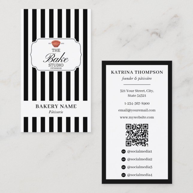 Carte De Visite Preppy Black White Stripes Bakery Logo QR Code (Devant / Derrière)