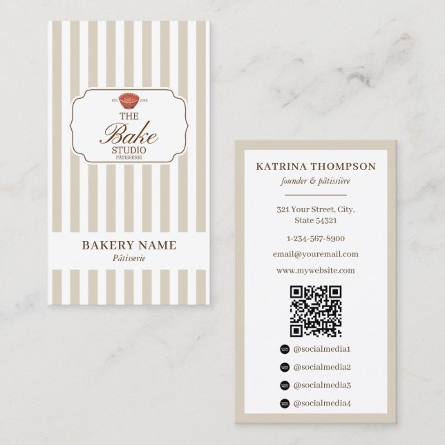 Carte De Visite Preppy Brown & Beige Stripes Bakery Logo QR Code (Devant / Derrière)