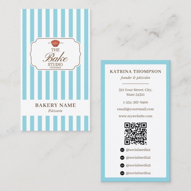 Carte De Visite Preppy Brown & Blue Stripes Bakery Logo QR Code (Devant / Derrière)