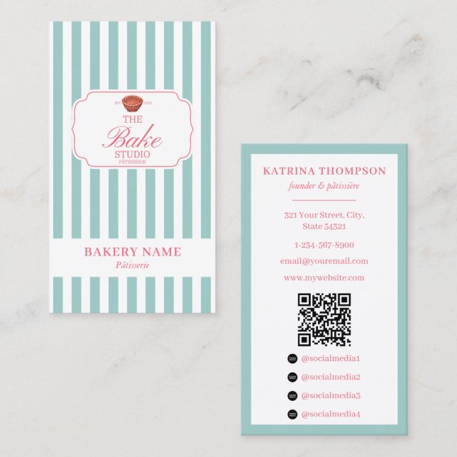 Carte De Visite Preppy Green & Pink Stripes Bakery Logo QR Code (Devant / Derrière)