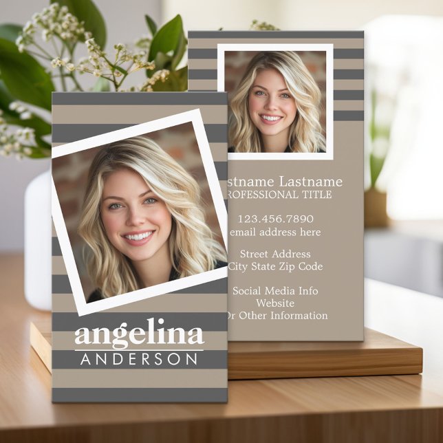 Carte De Visite Preppy Grey Stried Motif Personnalisé Nom et photo (Custom Business Cards)