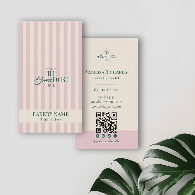 Carte De Visite Preppy Pink Stripes Green Bakery Logo QR Code  (Créateur téléchargé)