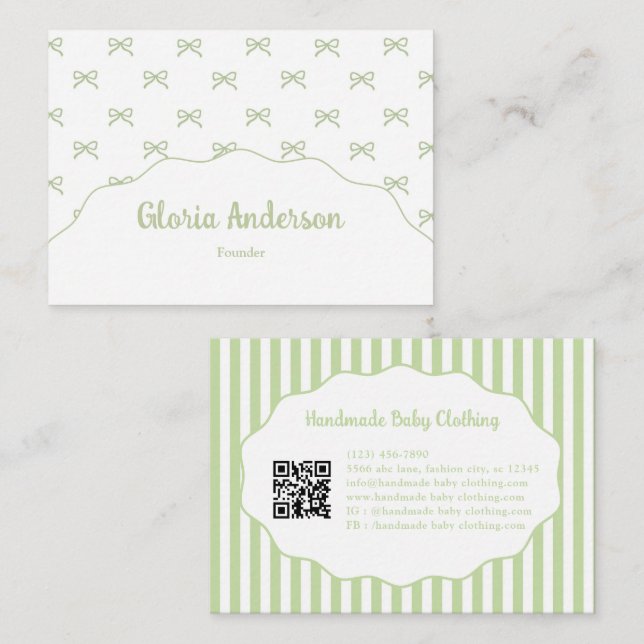 Carte De Visite Pretty Girly Feminine Green Bow Stripe Pattern (Devant / Derrière)