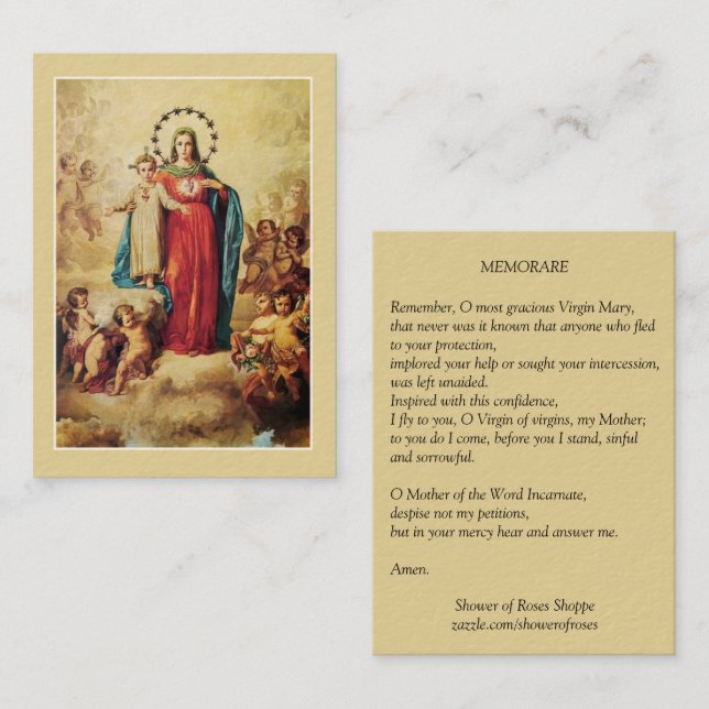 Carte De Visite Prière bénie de Memorare d'anges de Vierge Marie (Devant / Derrière)