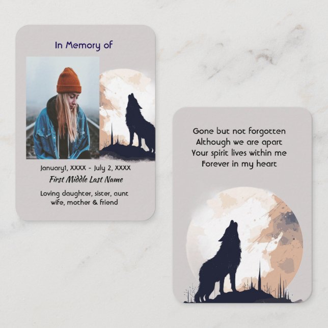 Carte De Visite Prière commémorative Loup solitaire Howling animal (Devant / Derrière)