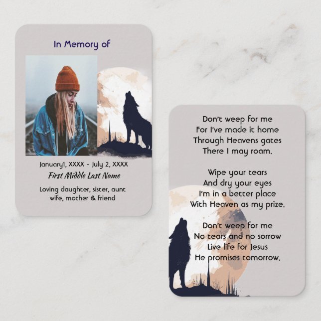 Carte De Visite Prière du Mémorial chrétien Loup solitaire Howling (Devant / Derrière)