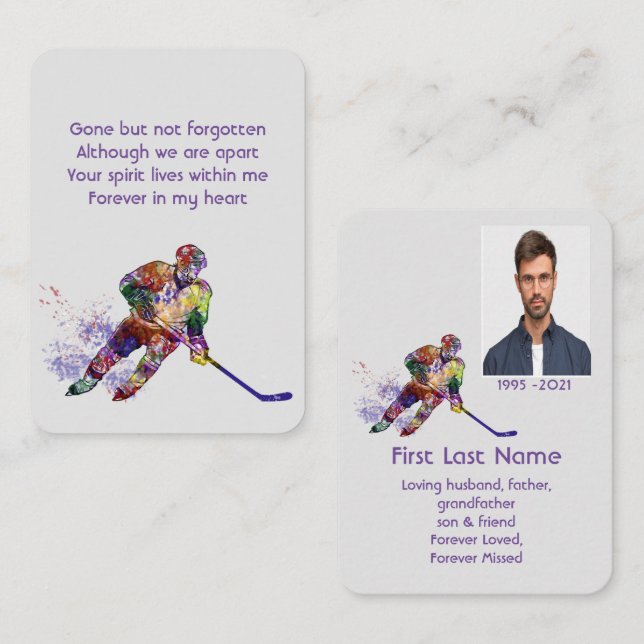 Carte De Visite Prière photo commémorative Joueur de hockey Sport (Devant / Derrière)