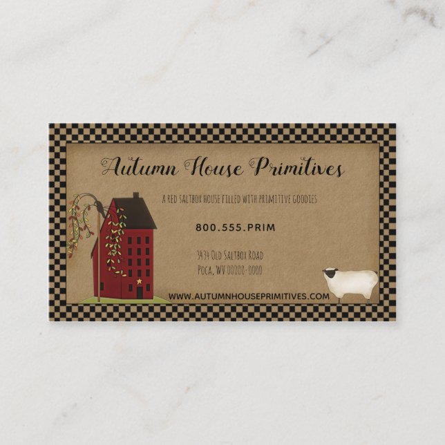 Carte de visite primitif avec Saltbox House rouge (Devant)