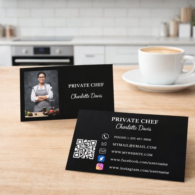 Carte De Visite Private chef black white photo catering QR code (Créateur téléchargé)