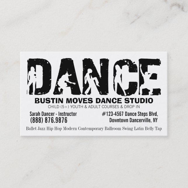 Carte De Visite Professeur blanc noir de danse de studio de danse (Devant)
