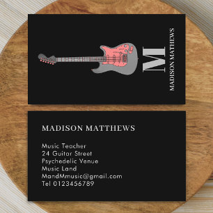 Carte De Visite Professeur de guitare Monogramme Simple Rose Noir