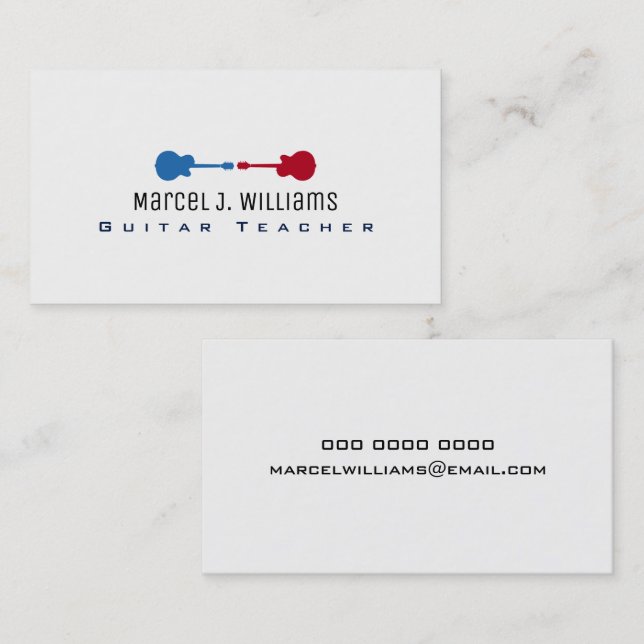 Carte De Visite professeur de guitare musique cool blanc (Devant / Derrière)